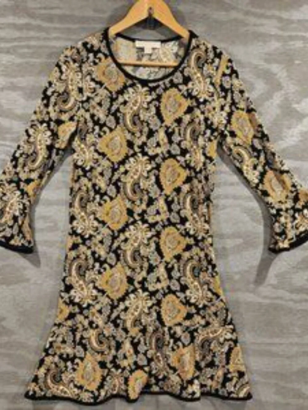Michael Kors SZ M Black & Marigold Paisley Dress Flounce Hem Bell 3/4 Sleeves - Picture 2 of 9